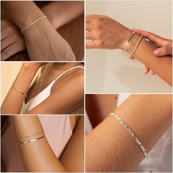 Dainty Silver Plated Bracelets Set for Women - Paperclip, Herringbone - Picture 5 of 9